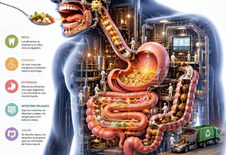 Infografía del sistema digestivo humano y salud intestinal