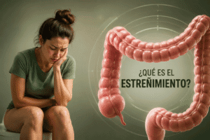 Mujer con molestias intestinales y representación del intestino grueso para explicar el estreñimiento crónico.