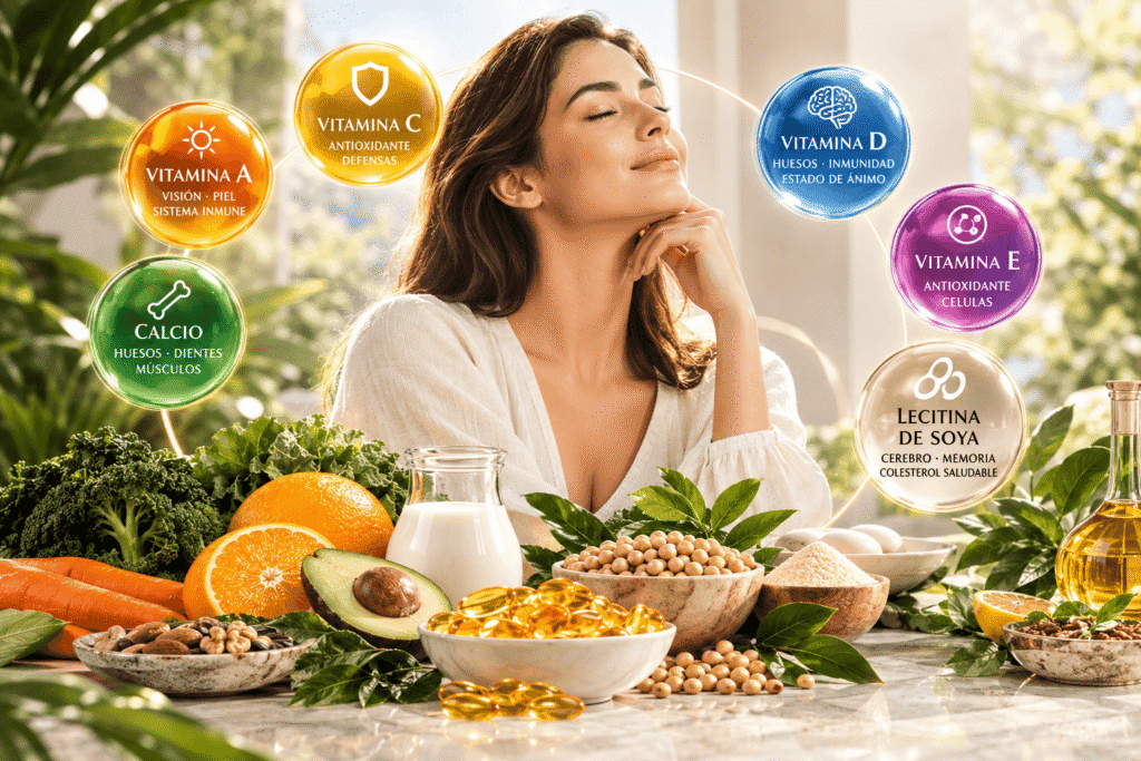 Mujer rodeada de alimentos ricos en vitaminas y minerales como frutas verduras, cereales, pescado, lácteos