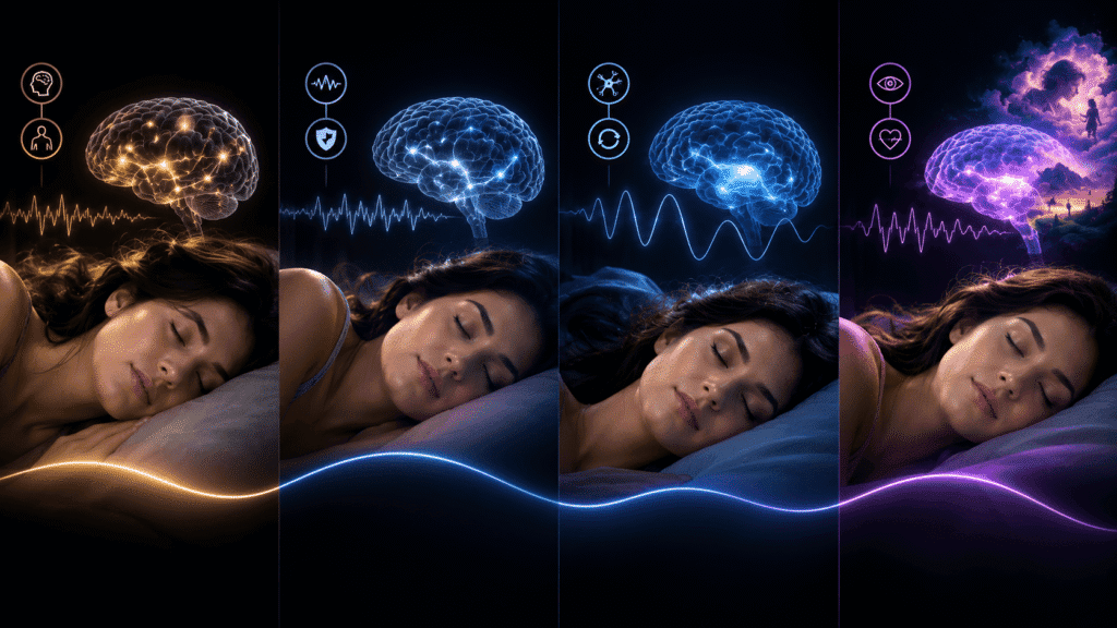 las cuatro fases del sueño representadas visualmente con una persona durmiendo, actividad cerebral y ondas cerebrales: adormecimiento, sueño ligero, sueño profundo y fase REM.