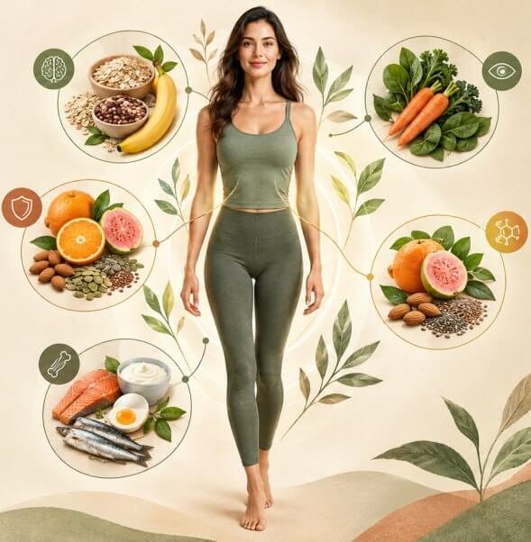Mujer saludable rodeada de alimentos ricos en vitaminas